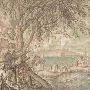 Huntsmen and Company Observing Dogs Retrieving Ducks in a Pond (The Month of April)
