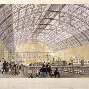 Interior of Charing Cross Station showing trains and the iron roof, London, c1890