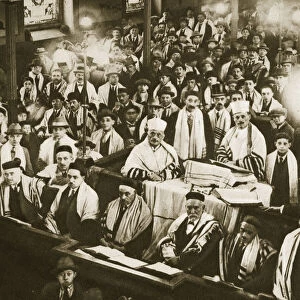 Interior of an East End synagogue during a festival, London, 20th century. Artist