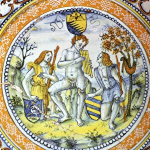 Italian earthenware plate showing Pan piping to two shepherds. Artist: Maestro Benedetto