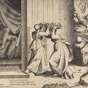 Judith passing the head of Holofernes to her maidservant, the decapitated Holofernes in