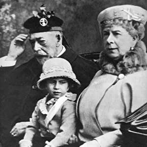 King George V and Queen Mary with Princess Margaret driving to church, Balmoral, c1930s