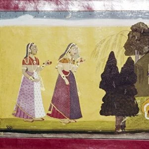 Krishna with flute, approached by two ladies