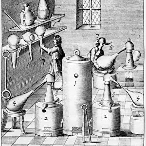 Laboratory for refining gold and silver, showing typical laboratory equipment, 1683