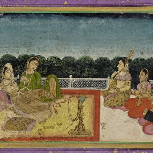 A Lady and attendant on a terrace at evening, with three women musicians, 18th century