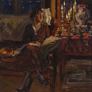Lady with Book in an Interior, 1917. Artist: Vinogradov, Sergei Arsenyevich (1869-1938)