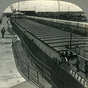 Large Iron Ore Boat Coming into Sabin Locks. Sault Ste. Marie, Mich. c1930s. Creator: Unknown