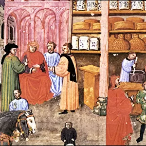 Merchants in a trade, miniature in Statuti Mercanti, illuminated manuscript, 14th century