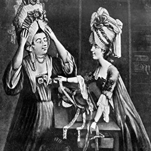 A Milliners Shop; Mrs Monopolize, the butchers wife, purchasing a modern head dress, 1772