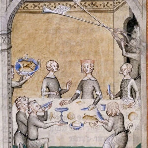 Miniature from Le Remede de Fortune by Guillaume de Machaut. Feast scene, 1355-1360