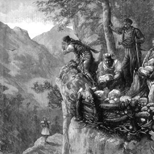 Miridites and Albanians building stone batteries for mountain defences, Albania, 1880. Artist: Chomberg