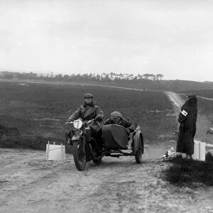 Motorcycle and sidecar competing in a motoring trial, Bagshot Heath, Surrey, 1930s