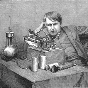 Mr. Edisons new Phonograph-Mr. Edison in his Laboratory receiving the first Phonograph from Englan Creator: Unknown