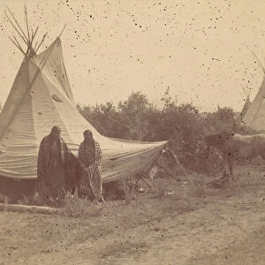 Native American Women and Horses by Teepee in Camp, 1880s-90s. Creator: Unknown