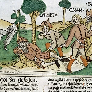 Noah and his sons, scene in the Bible of Nuremberg written in German, 1483