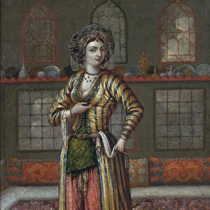 A noble lady of Constantinople wearing Hammam shoes. Artist: Vanmour (Van Mour), Jean-Baptiste, (School)