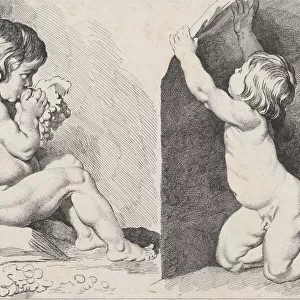 Two nude children eating grapes; from New Book of Children, 1720-60