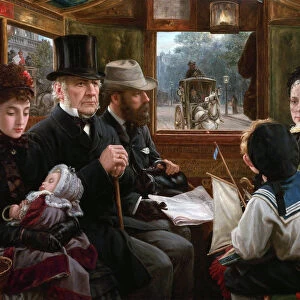 An Omnibus ride to Piccadilly Circus (Mr Gladstone travelling with ordinary passengers), 1885