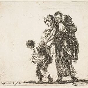Plate 22: a beggar woman with three children, one child on her shoulders, one child