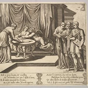 Plate 8: Psyche seated at a table and attended by invisible servants, Eros beside the g