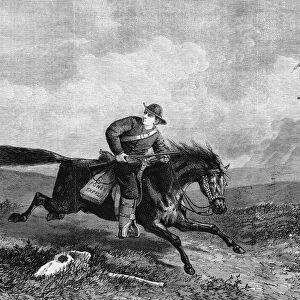 Pony Express rider crossing hostile country pursued by native Americans, 1861