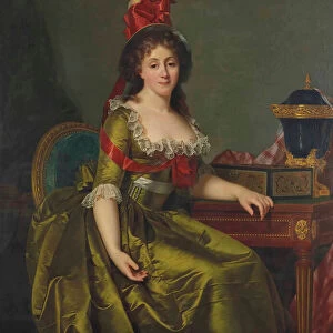 Portrait of a lady, in a green satin dress and a bonnet with red ribbons