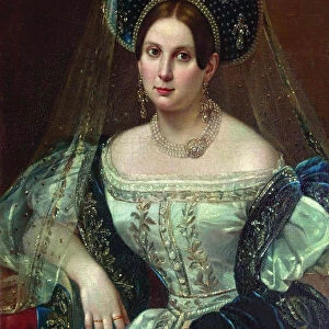 Portrait of a woman in the Russian court dress, ca 1835. Artist: Orlov, Pimen Nikitich (1812-1863)