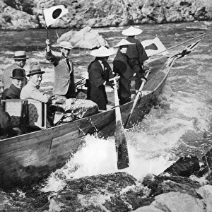 The Prince of Wales shooting the rapids at Kyoto, Japan, 1922