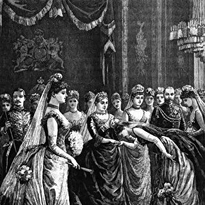 Queen Victoria greets guests in a drawing-room in Buckingham Palace, late 19th century, (1900). Artist: Everard Hopkins