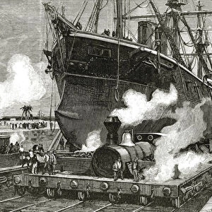 Railway towing a boat across the Isthmus of Panama, engraving 1881