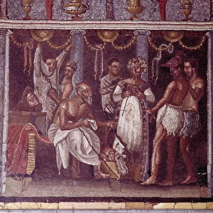 Roman mosaic of actors preparing for a play, Pompeii, Italy