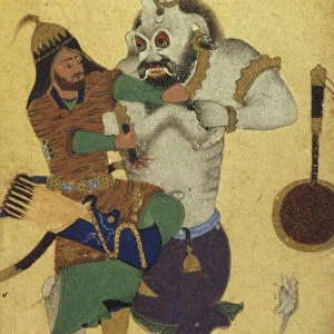 Rostam recovers the key to the stronghold of the White Demon (Manuscript illumination