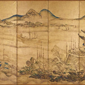Roukaku Sansui Zu (Landscape with tower) Right of a pair of six-section folding screens, c. 1750. Artist: Ike no Taiga (1723-1776)