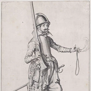 A soldier holding up his caliver in his right hand and extending his left to rec... published 1608. Creator: Robert Willemsz de Baudous