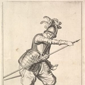 A soldier sliding his right hand along the training-pike, from the Lansquenets series