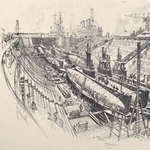 Submarines in Dry Dock, 1917. Creator: Joseph Pennell