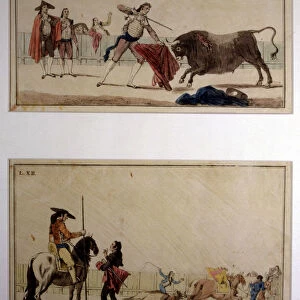 Suerte de Matar (Bullfighting stage), colored engraving by Antonio Carnicero