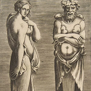 Two Terms, a Nymph at left Silvanus at right, ca. 1530-50. Creator: Giulio Bonasone