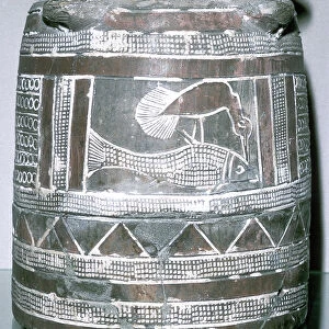 Terracotta pot with motif of bird eating a fish, Susa, c2000-c1940 BC