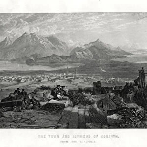 The town and isthmus of Corinth from the Acropolis, Greece, 1887. Artist: W Miller