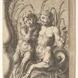 Two tritons embracing, one playing a panpipe, the second holding a conch shell set within