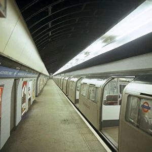Tube train standing at Blackhorse Road station on the Victoria Line, London, 1974