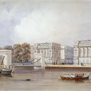 View of Cadogan Pier with boats on the River Thames, Chelsea, London, c1860