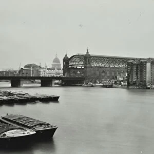 View across the Thames to Cannon Street Station, London, 1958