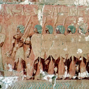 Wall painting of Egyptian soldiers on the expedition, Temple of Queen Hatshepsut, Luxor, c1470 BC