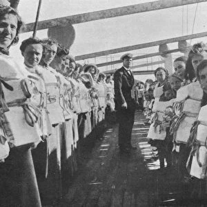 War time lifebelt drill on board an ocean liner, 1915