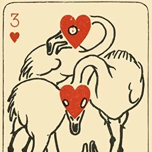 Three weird cranes formed out of the three of hearts, 1910. Creator: Starr Wood