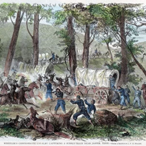 Wheelers Confederate cavalry capturing a supply train near Jasper, Tennessee, c1863