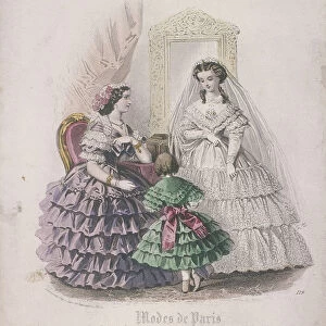 Two women and a child wearing the latest fashions, 1860