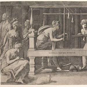 Women spinning, weaving and sewing, mid-16th century. Creator: Master FG (Italian